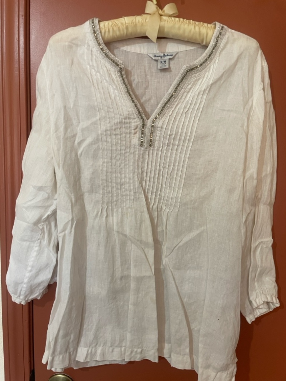 Tommy Bahama White V-Neck Linen Pintuck Tunic with Beaded Trim